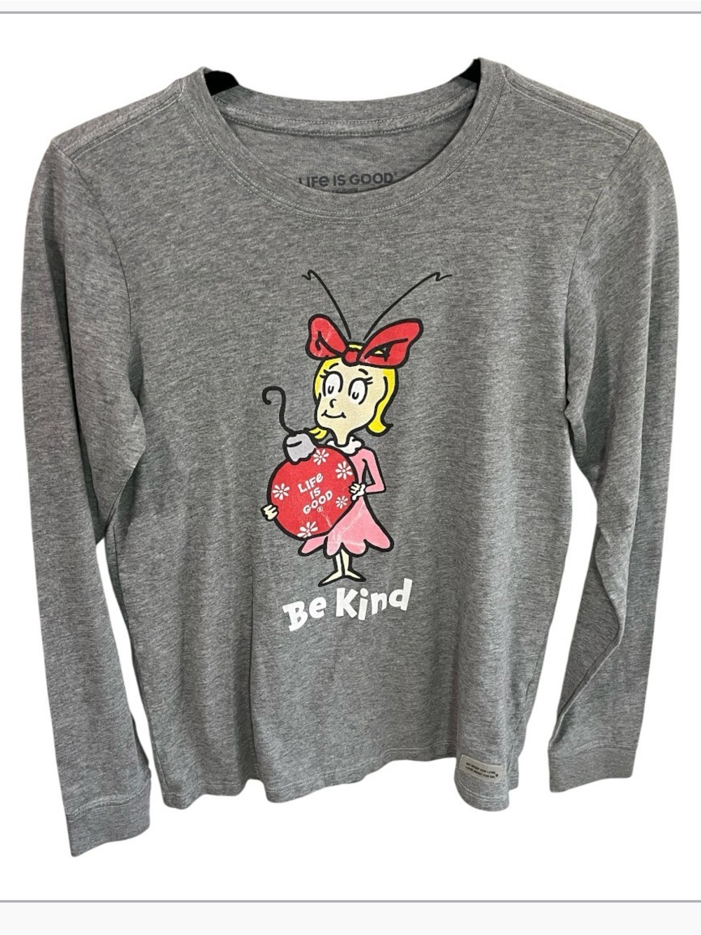 Life is Good Women’s Cindy Lou Who Grey Crusher Long Sleeve Tee Small Be Kind
